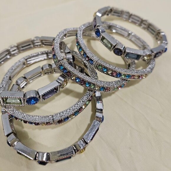 Off Park Collection Multicolor Crystal Silver tone Stretch Bracelet set of 6 - Picture 3 of 8